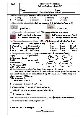 Đề kiểm tra số 4 môn Tiếng Anh Lớp 4